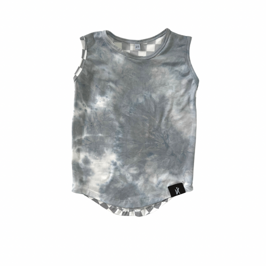 Grey Check Tie Dye Color Block Tank - Tie Dye Neckline